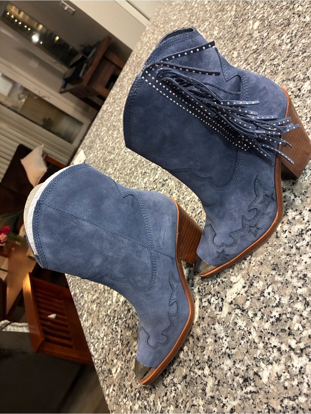 Aldo Navy Suede Fringe Studded Western Boot - Picture 2 of 8